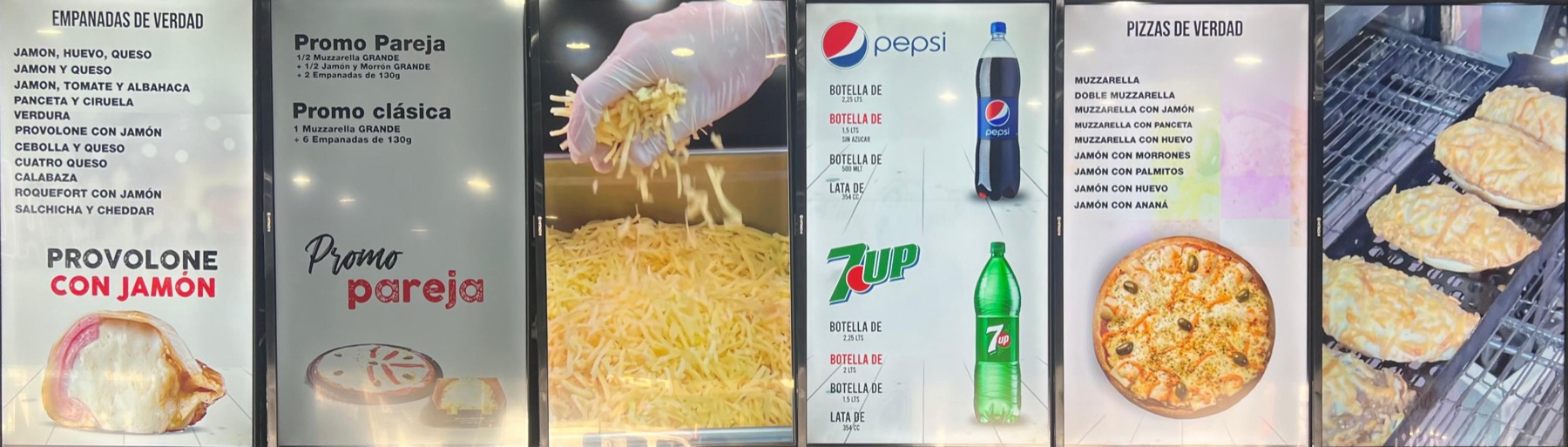 Seis pantallas con menús de empanadas, promociones, bebidas y pizzas